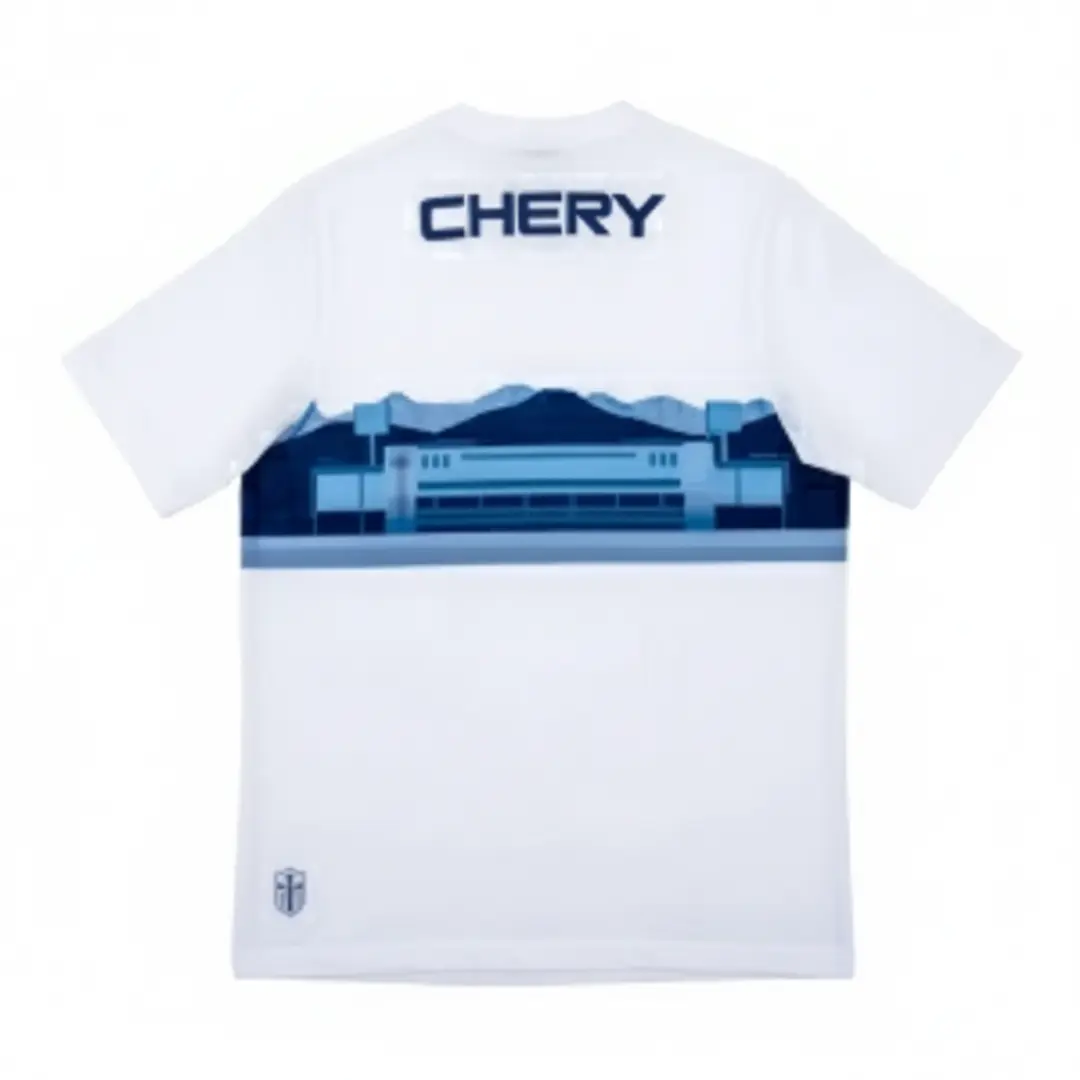 Camiseta de fútbol de local del Club Deportivo Universidad Católica, de color blanco con un diseño de montañas azules en el pecho y los logos de los patrocinadores 1XBET, BICE y Puma.