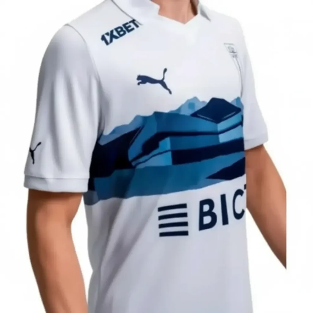 Camiseta de fútbol blanca para hombre, con un diseño gráfico azul de montañas y un edificio moderno en el pecho, y los logotipos de Puma, 1XBET y BICO.