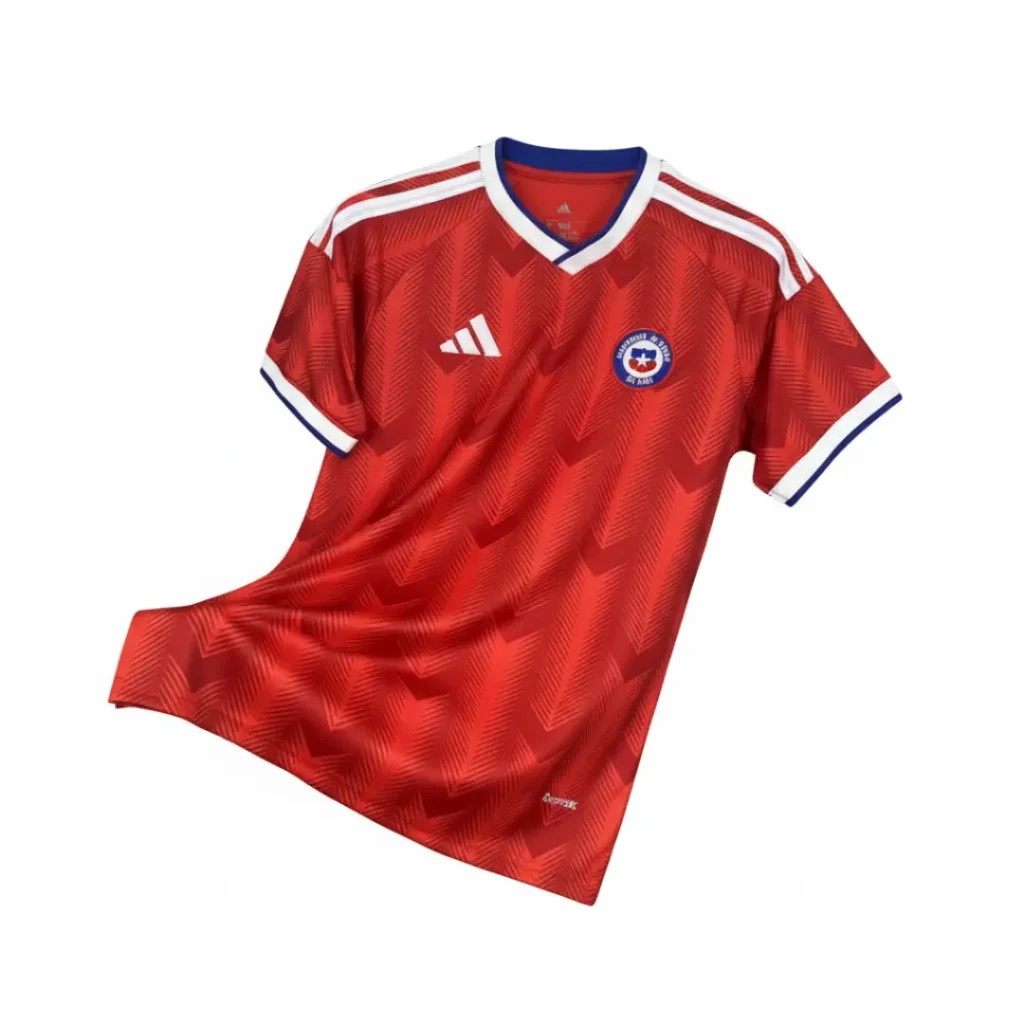 Camiseta de fútbol roja de la selección de Chile, con el logo de Adidas y el escudo de la Federación de Fútbol de Chile en el pecho. Presenta un patrón de chevrons, franjas blancas en los hombros y un cuello en V con ribetes blancos y azules.