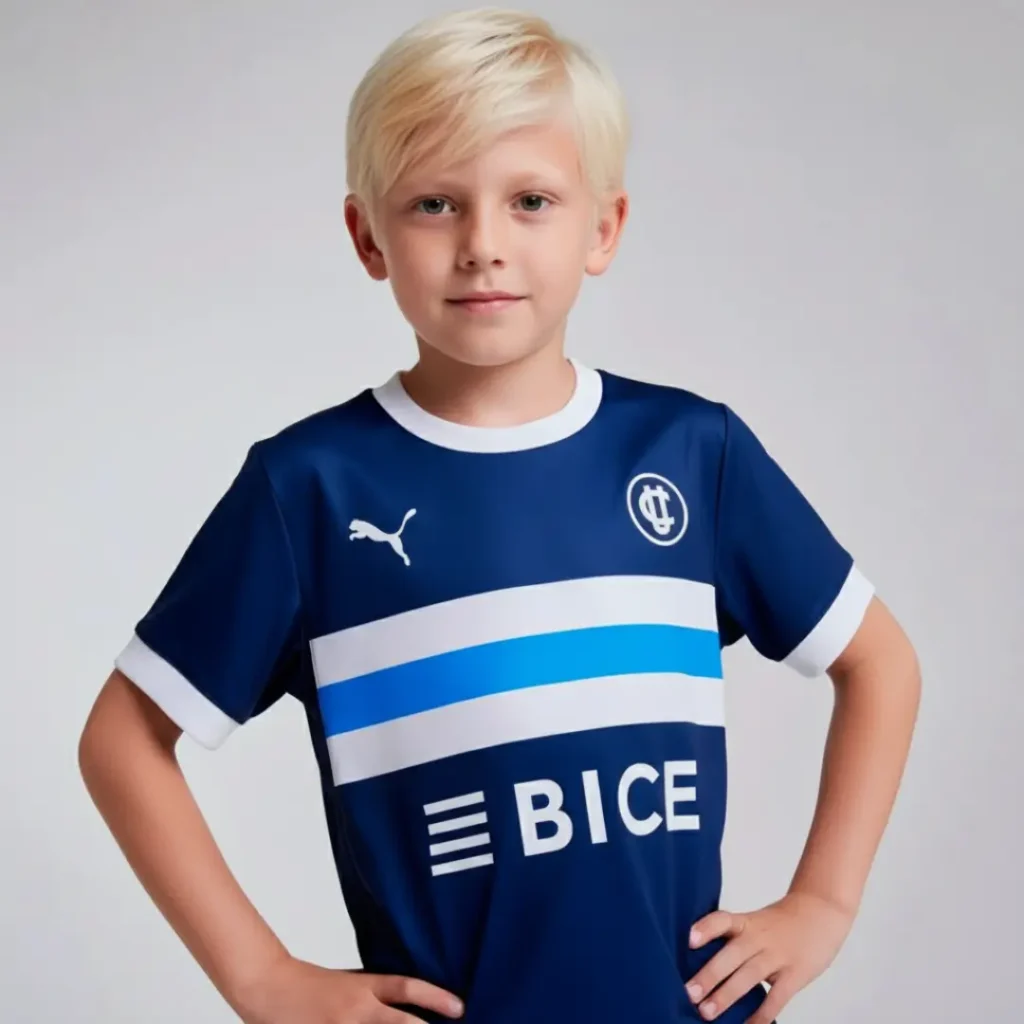 Un niño con cabello rizado oscuro posa sonriendo, vistiendo una camiseta de fútbol azul marino de Universidad Católica con franjas horizontales blancas y celestes en el pecho, el logo de Puma y el patrocinador BICE.
