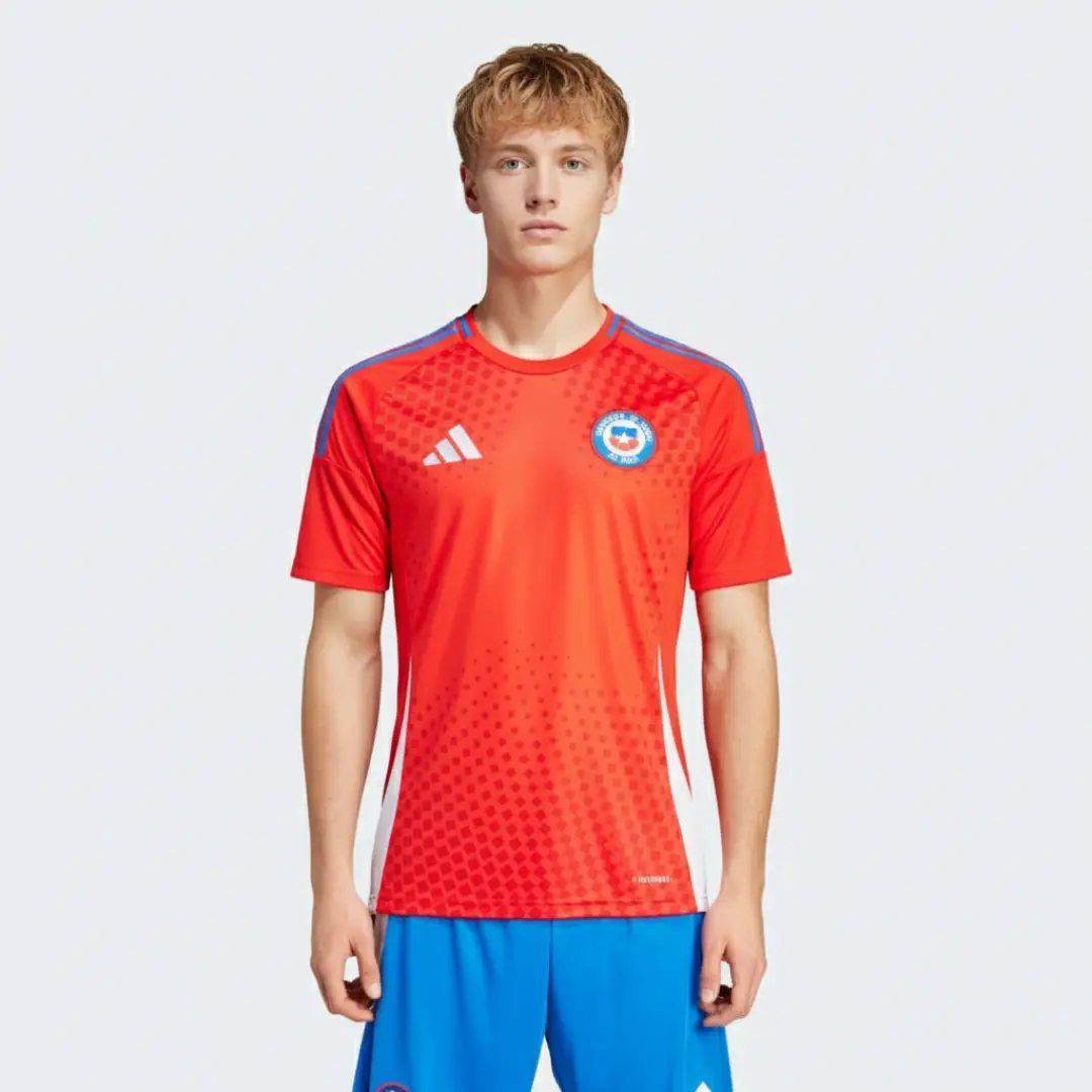 Un hombre lleva una camiseta de fútbol Adidas roja de la Federación de Fútbol de Chile, con un patrón de puntos degradados, detalles azules en los hombros y franjas laterales blancas, combinada con pantalones cortos azules.