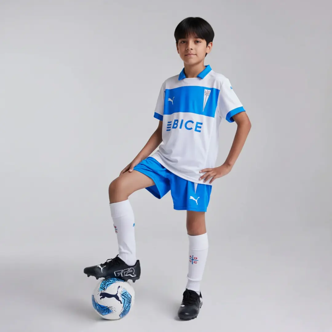Un niño sonriente con cabello rizado posa con un uniforme de fútbol blanco y azul de la Universidad Católica, con el logo de Puma, el escudo del club CDUC y el patrocinador BICE en la camiseta. Viste shorts azules, medias blancas y botines negros, con su pie izquierdo sobre un balón de fútbol blanco y azul.