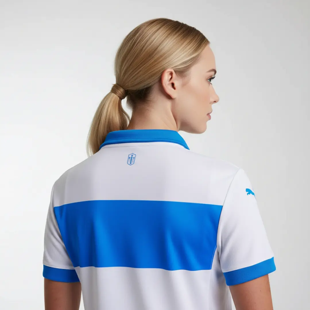 Vista trasera de una mujer con el cabello recogido en una cola de caballo, luciendo un polo deportivo blanco con una audaz franja horizontal azul en la espalda, un cuello y puños azules, y un pequeño logo azul tipo escudo con una cruz debajo del cuello.