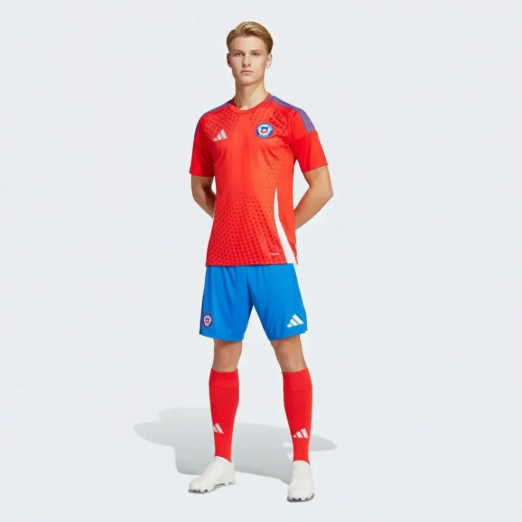 odelo masculino vistiendo un uniforme de fútbol Adidas de Chile, que incluye una camiseta roja con un patrón de puntos y detalles azules en los hombros, pantalones cortos azules, medias rojas y botas de fútbol blancas, posando de pie.